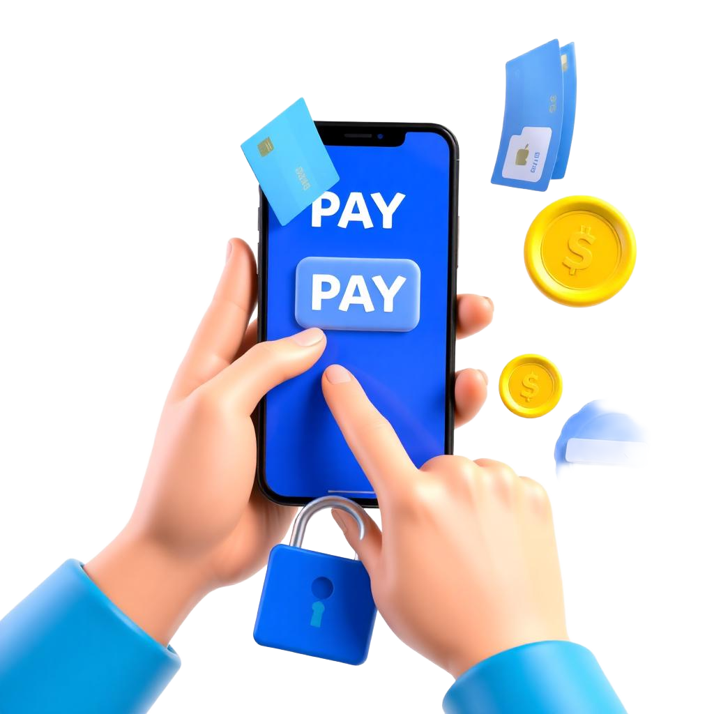 Hands tapping a smartphone to make a payment with floating cards and coins